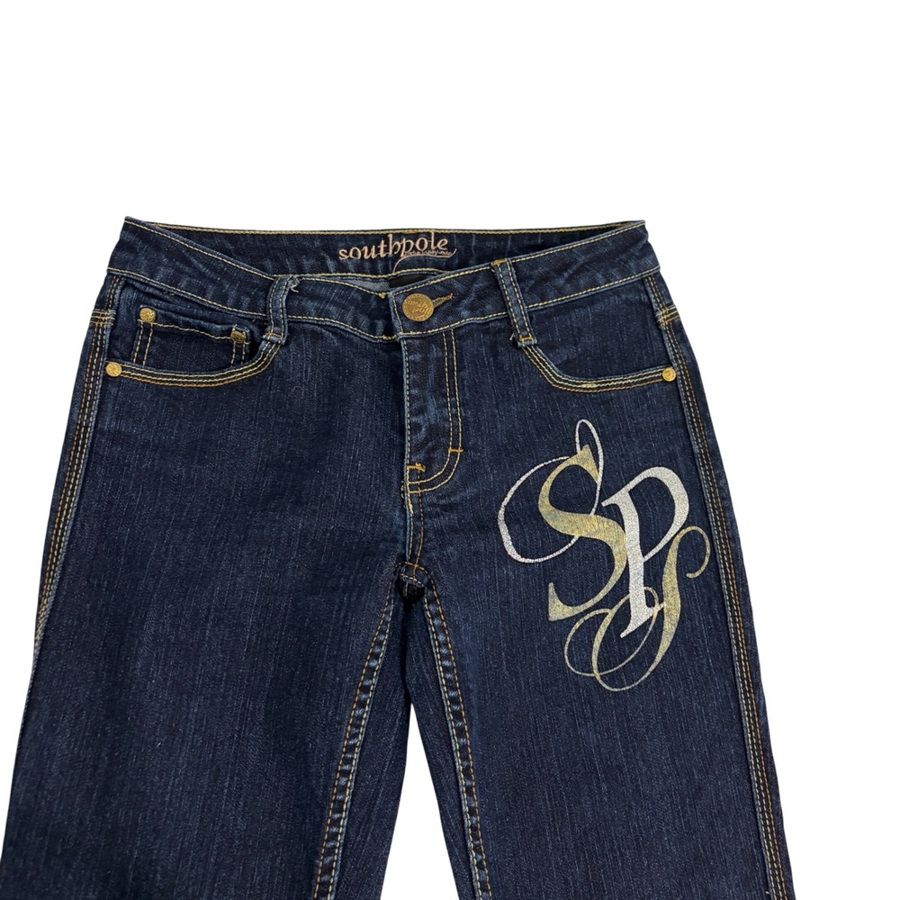Southpole Junior Girls Dark Blue Jeans 5 Monogram Graphic Studded Y2K Stretch